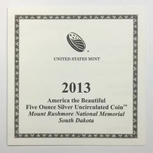 2013-P Mount Rushmore ATB 5 oz Silver Uncirculated Coin w/ US Mint OGP Box & COA (2)