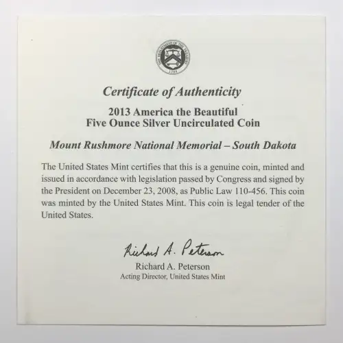 2013-P Mount Rushmore ATB 5 oz Silver Uncirculated Coin w/ US Mint OGP Box & COA (3)