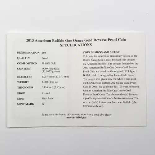 2013-W Reverse Proof 1 oz Gold Buffalo $50 Coin w US Mint OGP Box & COA (4)