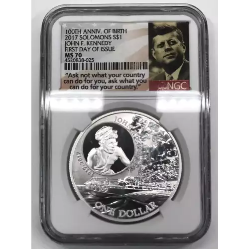 2017 John F Kennedy (JFK) 100th Anniversary of Birth Solomon Islands 1 oz Silver Dollar NGC MS70 First Day of Issue (FDOI)