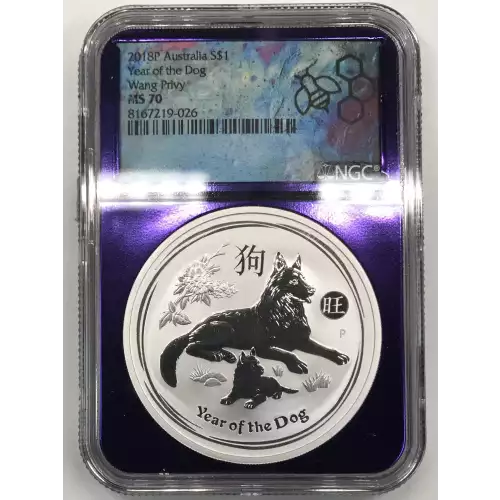 2018 Australia Year of the Dog Wang Privy 1 oz Silver Dollar NGC MS70 - TraderBea label & core (2)