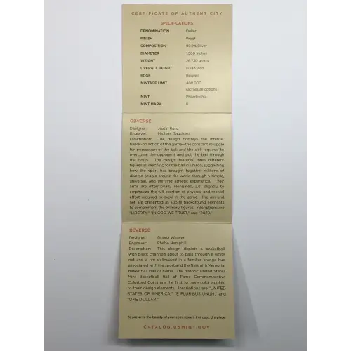 2019-P Basketball Hall of Fame Colorized Proof Silver Dollar US Mint OGP Box COA (4)