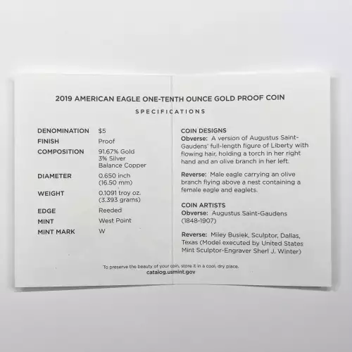 2019-W Proof 1/10 oz $5 Gold Eagle w US Mint OGP - Box & COA (3)