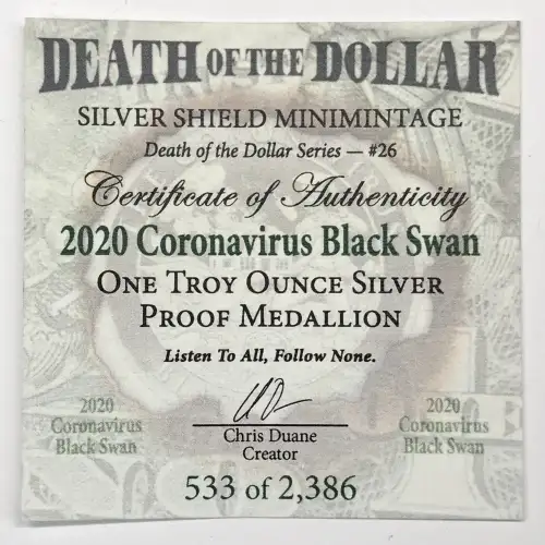 2020 Coronavirus Black Swan Silver Shield 1 oz Proof Silver Round/Medallion (2)