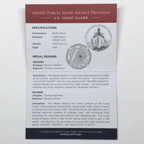 2022-P US Coast Guard Armed Forces 1 oz Silver Medal w US Mint OGP - Box & COA (2)