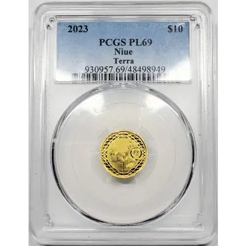 2023 1/10 oz Gold PCGS PL-69 Niue 1/10oz Gold $10 Terra generic (3)