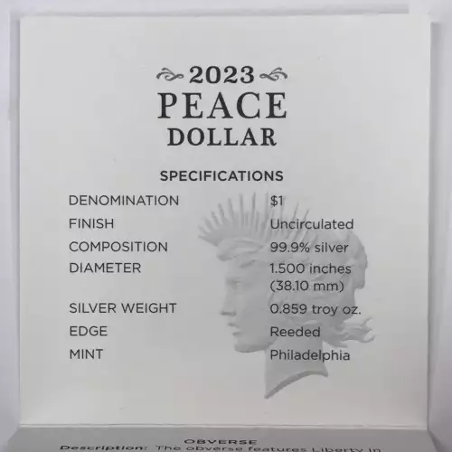 2023-P Uncirculated Peace Silver Dollar w US Mint OGP - Box & COA - Philadelphia