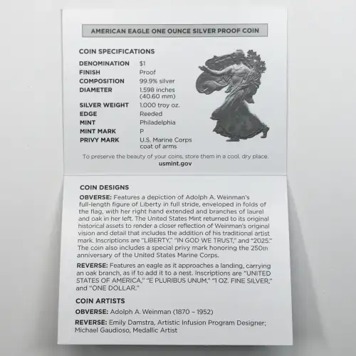 2025-P Marine Corps 250th Anniversary Privy Mark Proof Silver Eagle OGP Box COA (2)