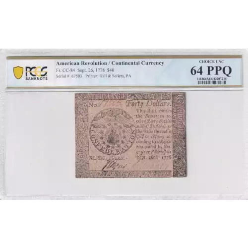 $40 September 26, 1778  CONTINENTAL CURRENCY CC-84