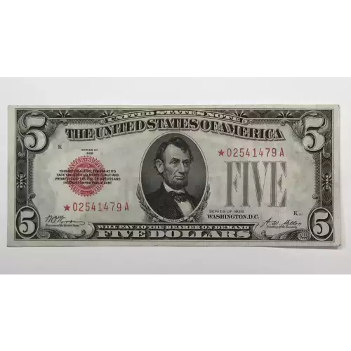 $5 1928 red seal. Small Legal Tender Notes 1525*