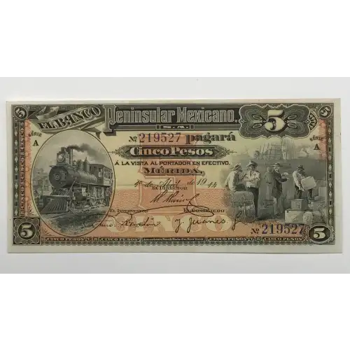 5 Pesos 1.4.1914, 1913-14 ISSUES A. Issued note. Mexico S465