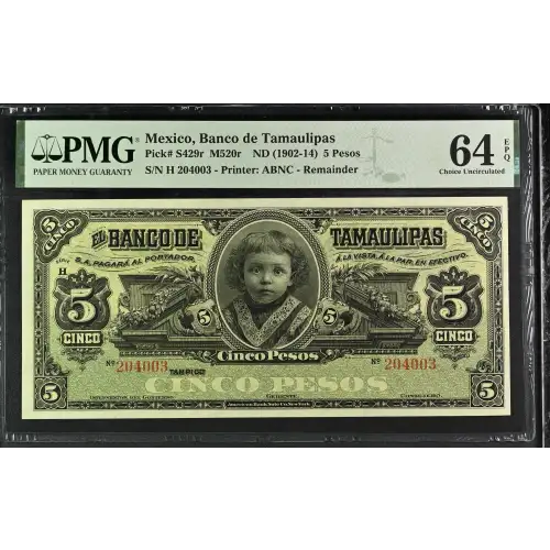 5 Pesos 1902-14, 1902 ISSUE R. Unsigned remainder. Series G; H. 31.3.1914. (BK-TAM-6). Mexico S429