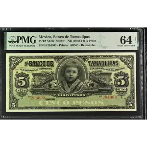5 Pesos 1902-14, 1902 ISSUE R. Unsigned remainder. Series G; H. 31.3.1914. (BK-TAM-6). Mexico S429