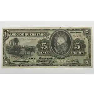 5 Pesos 1903-14, 1903-14 ISSUE B. New signature overprint at left and at center. 10.4.1914. (BK-QUE-4). Mexico S390