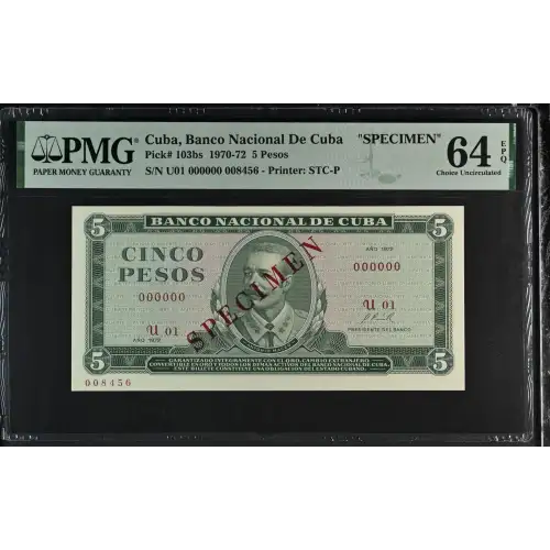 5 Pesos 1967-90, 1967; 1971 Issue s. Specimen. Red overprint: SPECIMEN on face Cuba 103 (2)