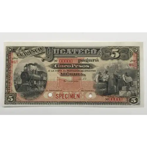 5 Pesos ca.1890-1903, 1889-1903 ISSUE S4. Specimen. Series MGT. 19xx (ca.1903). Mexico S467