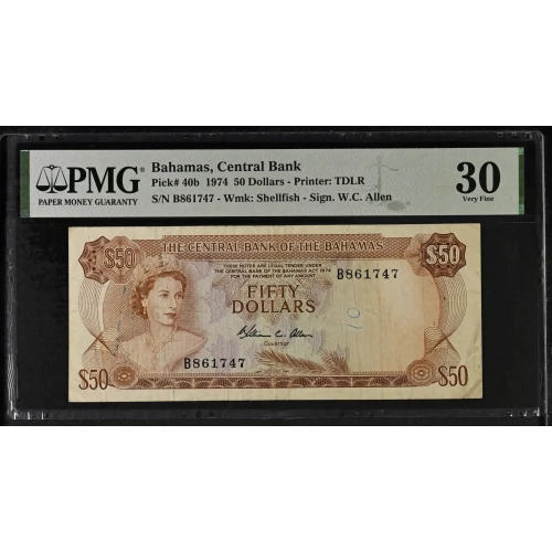 50 Dollars L.1974, 1974 Central Bank Act b. Signature W. C. Allen Bahamas 40 (2)