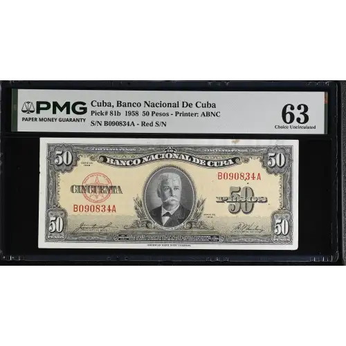 50 Pesos 1950-1960, 1949-1950 Issue b. Red serial #. 1958 Cuba 81 (2)