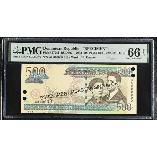 500 Nouveaux Francs 2002; 2003; 2004, 2001-2002 Issue s1. 2002. Specimen. Overprint in black: ESPECIMEN / MUESTRA SIN VALOR on both sides. Punch hole cancelled Dominican Republic 172 (2)