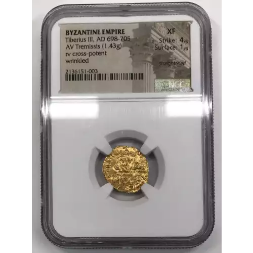 Byzantine Empire Tiberius III, AD 698-705, AV Tremissis, reverse: cross-potent wrinkled, NGC Ancients XF 4 1, straightened (3)