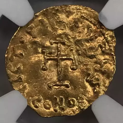 Byzantine Empire Tiberius III, AD 698-705, AV Tremissis, reverse: cross-potent wrinkled, NGC Ancients XF 4 1, straightened