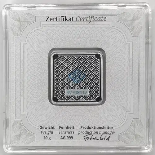 Geiger Edelmetalle 20 g Silver Bar w/ Assay [DUPLICATE for #551573]