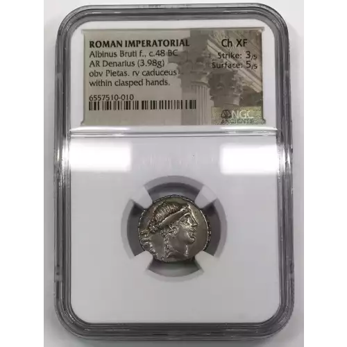 Roman Imperatorial Albinus Bruti f., c.48 BC, AR Denarius, obverse: Pietas, reverse: caduceus within clasped hands, NGC Ancients Ch XF 3 5 (2)