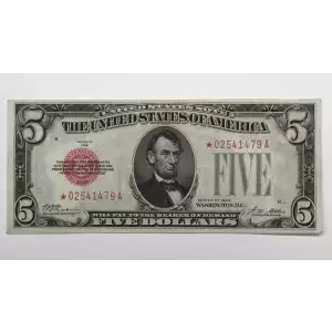 $5 1928 red seal. Small Legal Tender Notes 1525*