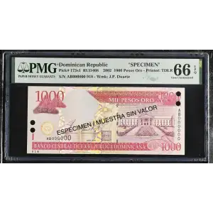 1000 Nouveaux Francs 2002; 2003; 2004, 2001-2002 Issue s1. 2002. Specimen. Overprint in black: ESPECIMEN / MUESTRA SIN VALOR once on each side. Punch hole cancelled Dominican Republic 173 (2)