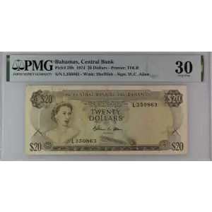 20 Dollars L.1974, 1974 Central Bank Act b. Signature W. C. Allen Bahamas 39 (2)