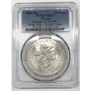 1968-Mo 25 Peso Olympic KM-479.1 Rings Align, Straight Tongue