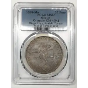 1968-Mo 25 Peso Olympic KM-479.1 Rings Align, Straight Tongue