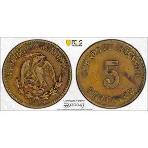 1914 Durango Mexico Revolutionary Brass 5 Centavos PCGS XF Details (2)