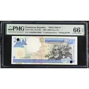 2000 Nouveaux Francs 2000, 2000 Issue s. Specimen. Overprint in black: ESPECIMEN/MUESTRA SIN VALOR in two lines once on each side. Punch hole cancelled Dominican Republic 164 (2)
