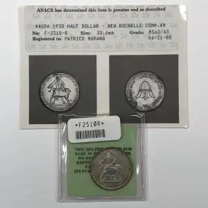 Classic Commemorative Silver--- New Rochelle, New York, 250th Anniversary 1938 -Silver- 0.5 Dollar