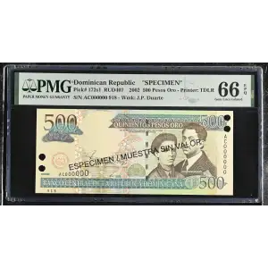 500 Nouveaux Francs 2002; 2003; 2004, 2001-2002 Issue s1. 2002. Specimen. Overprint in black: ESPECIMEN / MUESTRA SIN VALOR on both sides. Punch hole cancelled Dominican Republic 172 (2)