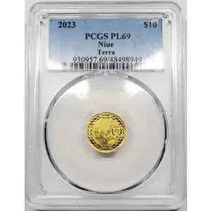 2023 1/10 oz Gold PCGS PL-69 Niue 1/10oz Gold $10 Terra generic (3)
