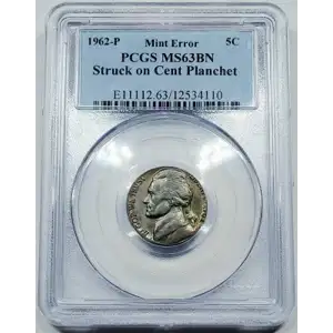1962 Jefferson Nickel PCGS MS-63 Struck on Cent Planchet Mint Error BN (5)